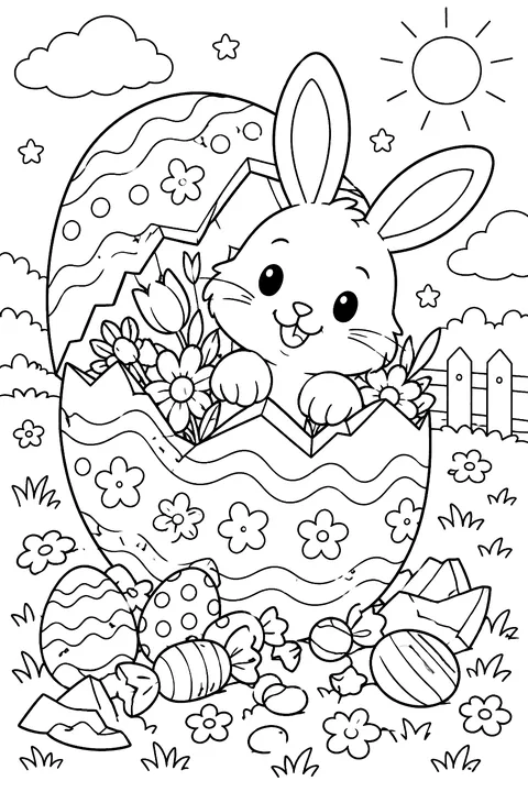 a giant cracked Easter egg with a bunny, flowers and candy spilling out coloring page