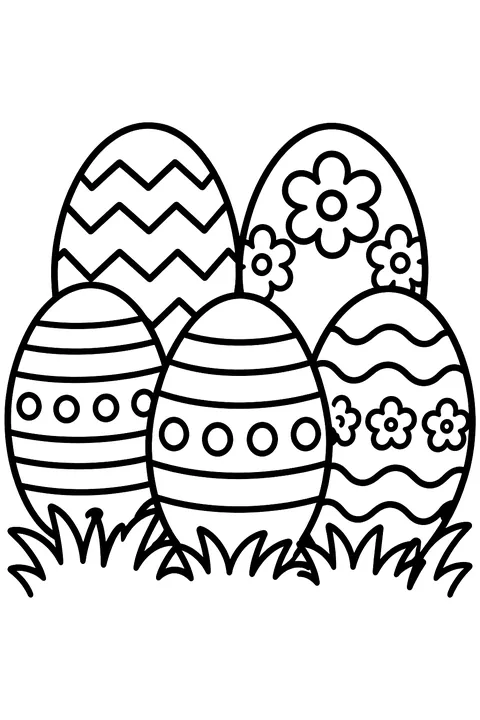 five large Easter eggs decorated with stripes, zigzags, dots and flowers, arranged in a row on grass coloring page