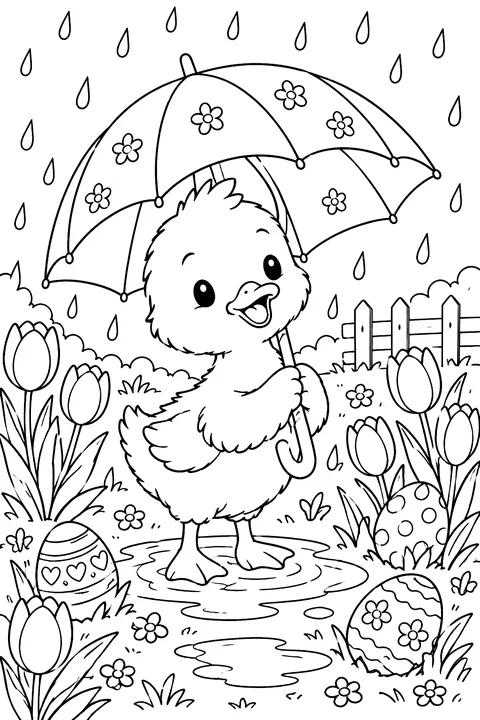 a baby duckling holding an umbrella in a spring rain shower with tulips and eggs coloring page