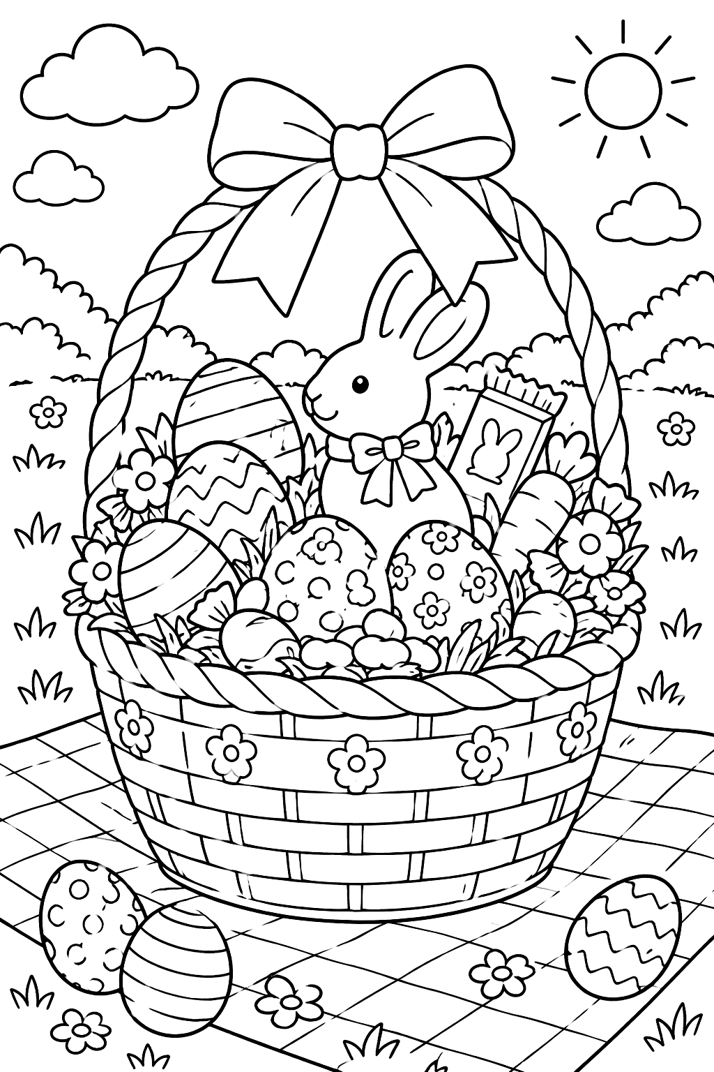 a big Easter basket with a bow, filled with eggs, a chocolate bunny shape and candy, on a picnic blanket coloring page