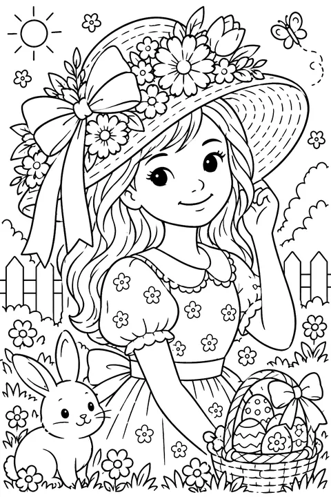 a girl wearing a big Easter bonnet decorated with flowers and ribbons coloring page