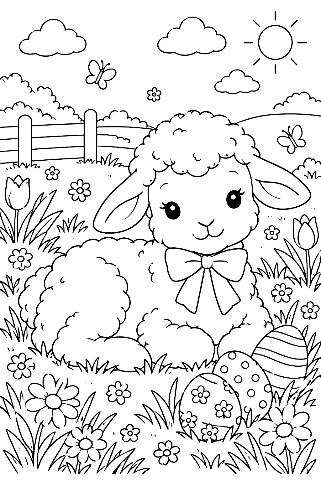 a fluffy lamb with a bow lying in a flower meadow next to a few Easter eggs coloring page