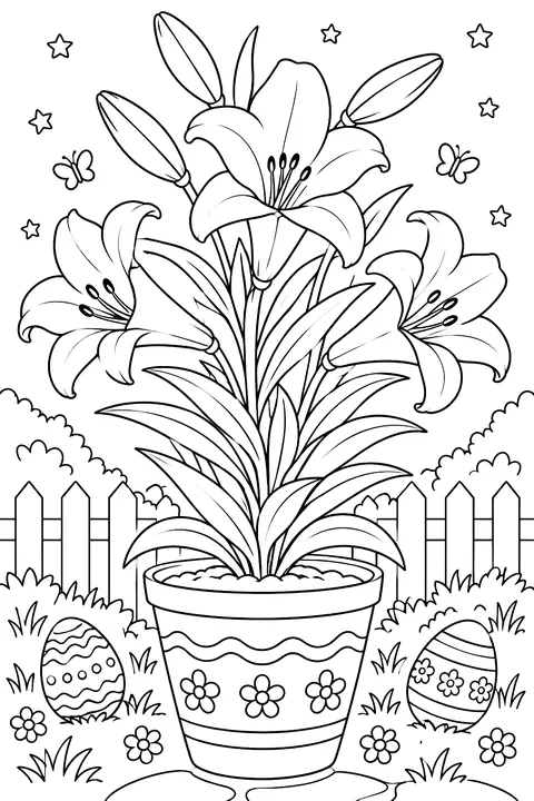 a pot of tall Easter lilies with big trumpet flowers and leaves coloring page