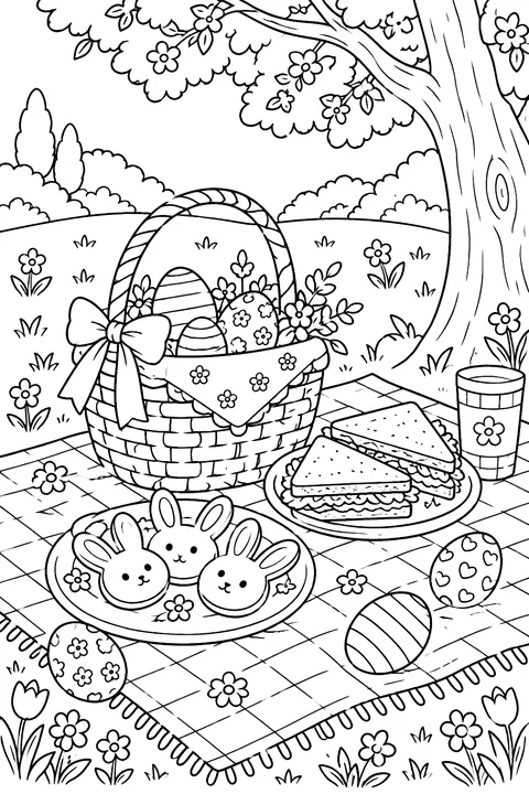 a spring picnic blanket with a basket, sandwiches, Easter eggs and bunny-shaped cookies under a tree coloring page