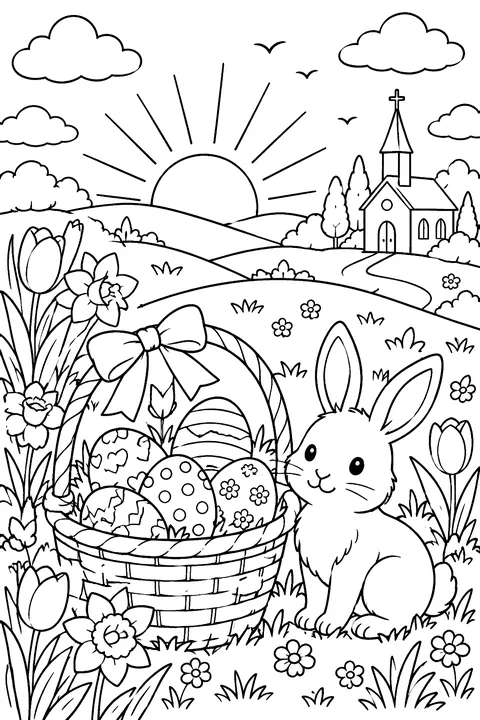 a sunrise over a hill with spring flowers, a basket of eggs and a church in the distance coloring page
