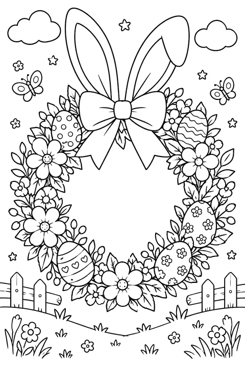 a round spring wreath of flowers, leaves and small eggs with a bow and bunny ears on top coloring page