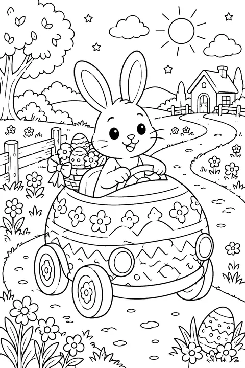 a bunny driving a little car shaped like an Easter egg along a flowery road coloring page