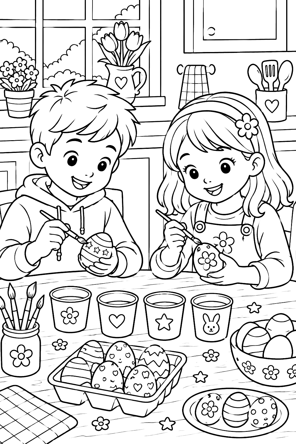 Kids Decorating Eggs coloring page