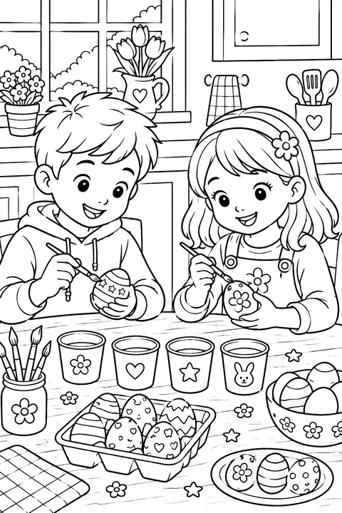 two kids decorating eggs at a kitchen table with dye cups and brushes coloring page