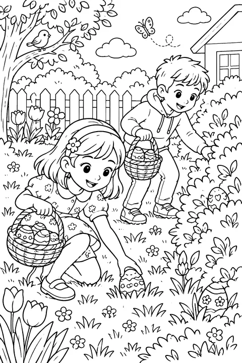 two kids with baskets hunting for decorated eggs hidden in the grass and bushes of a spring garden coloring page