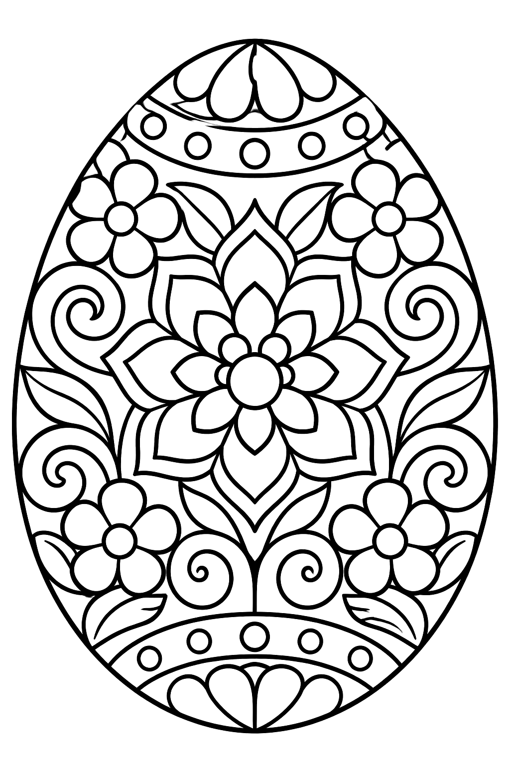 a large Easter egg filled with intricate mandala patterns, flowers and swirls coloring page