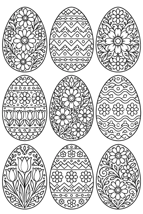 nine Easter eggs arranged in a neat grid with white space between them, each filled with a different bold pattern of flowers, zigzags and dots coloring page