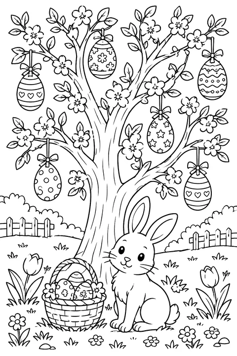 a blossoming tree with decorated Easter eggs hanging from its branches and a bunny sitting below coloring page
