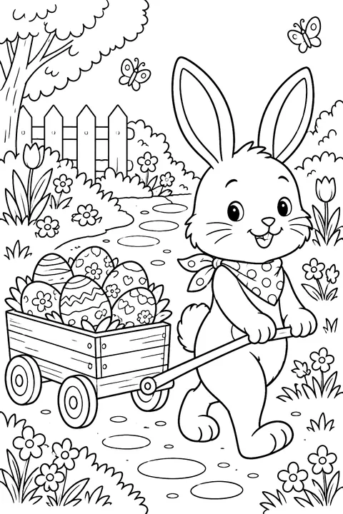 a bunny pulling a little wooden wagon full of Easter eggs down a garden path coloring page