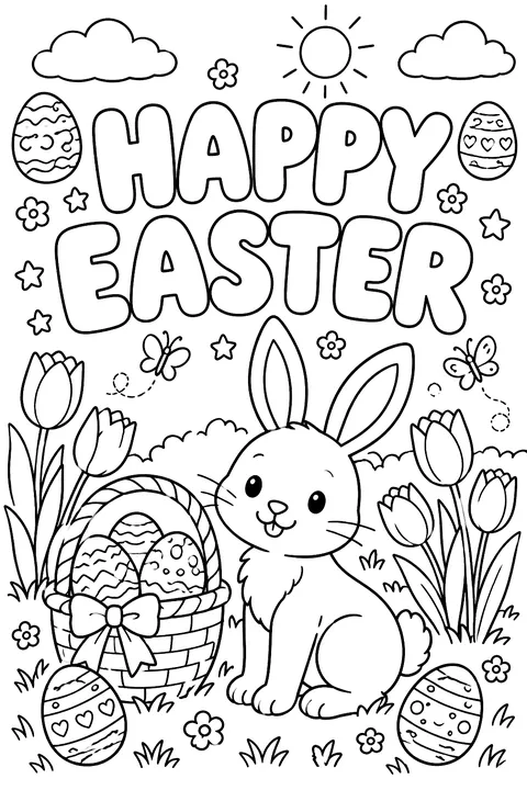 big bubbly outline letters spelling HAPPY EASTER surrounded by eggs, tulips and a bunny coloring page