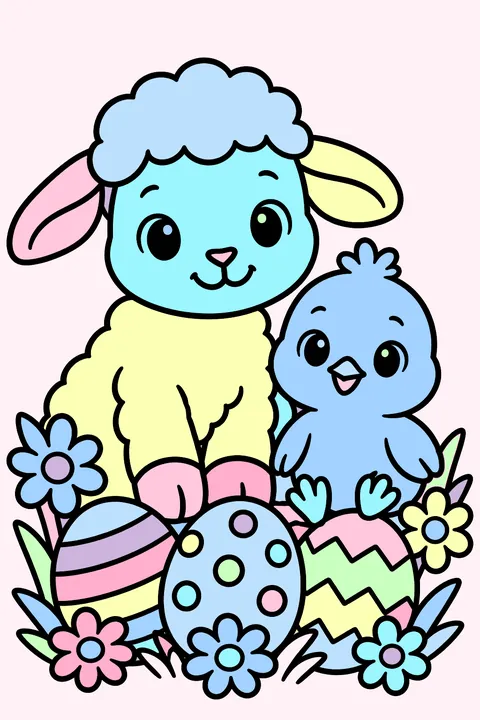 a lamb and a chick sitting side by side among Easter eggs and daisies coloring page