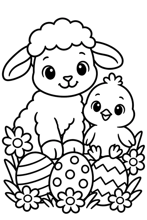 a lamb and a chick sitting side by side among Easter eggs and daisies coloring page