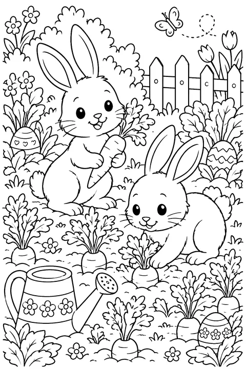 two bunnies in a vegetable garden with carrots, a watering can and Easter eggs hidden among the plants coloring page