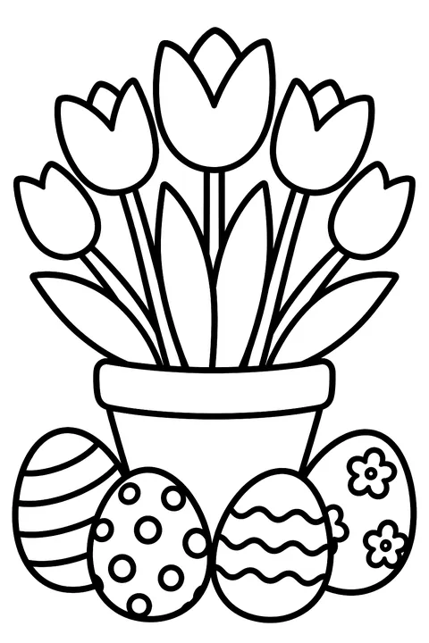 a bouquet of tulips in a pot with Easter eggs around it coloring page