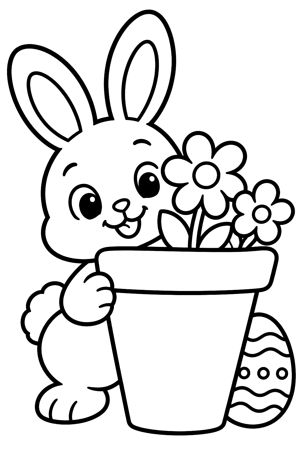 Bunny hiding an easter egg behind a flower pot coloring page