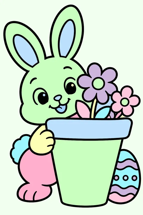 Bunny hiding an easter egg behind a flower pot coloring page