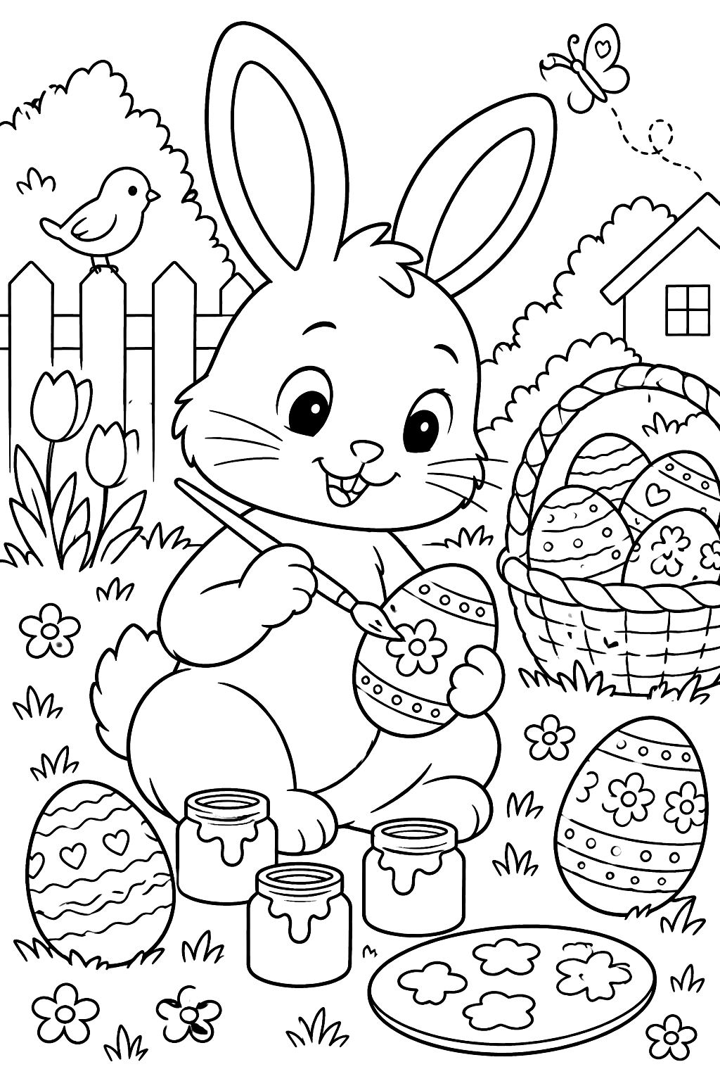 Bunny painting easter eggs with a brush and paint pots coloring page