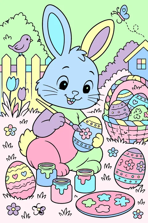 Bunny painting easter eggs with a brush and paint pots coloring page