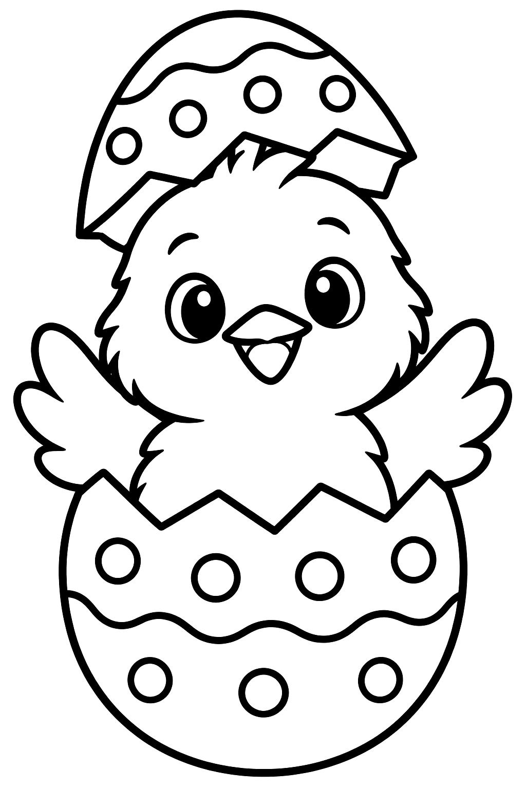 Fluffy chick hatching from a decorated easter egg coloring page