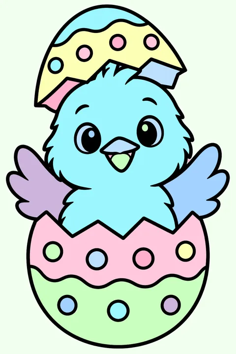 Fluffy chick hatching from a decorated easter egg coloring page