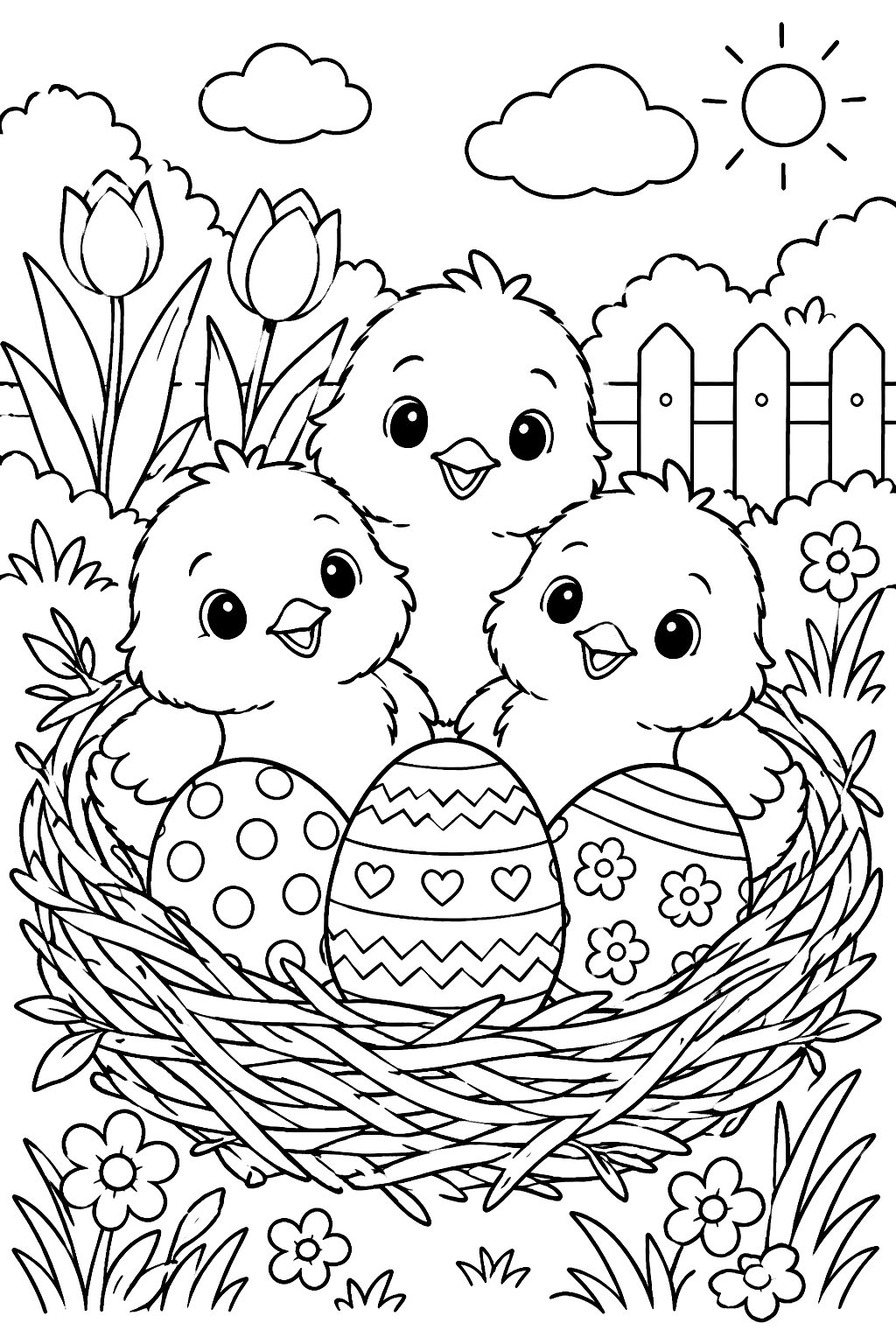 Three chicks sitting in a nest beside painted easter eggs coloring page