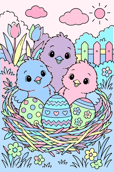 Three chicks sitting in a nest beside painted easter eggs coloring page