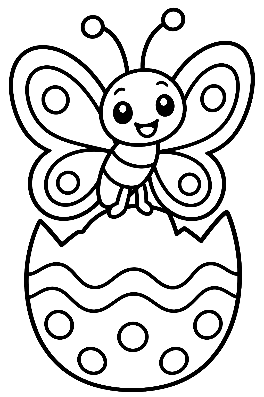 Butterfly resting on a cracked easter egg shell coloring page