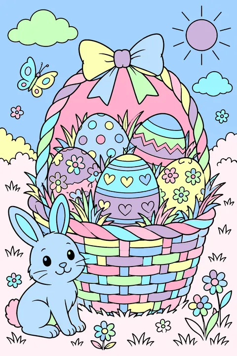Woven easter basket full of patterned eggs and grass coloring page
