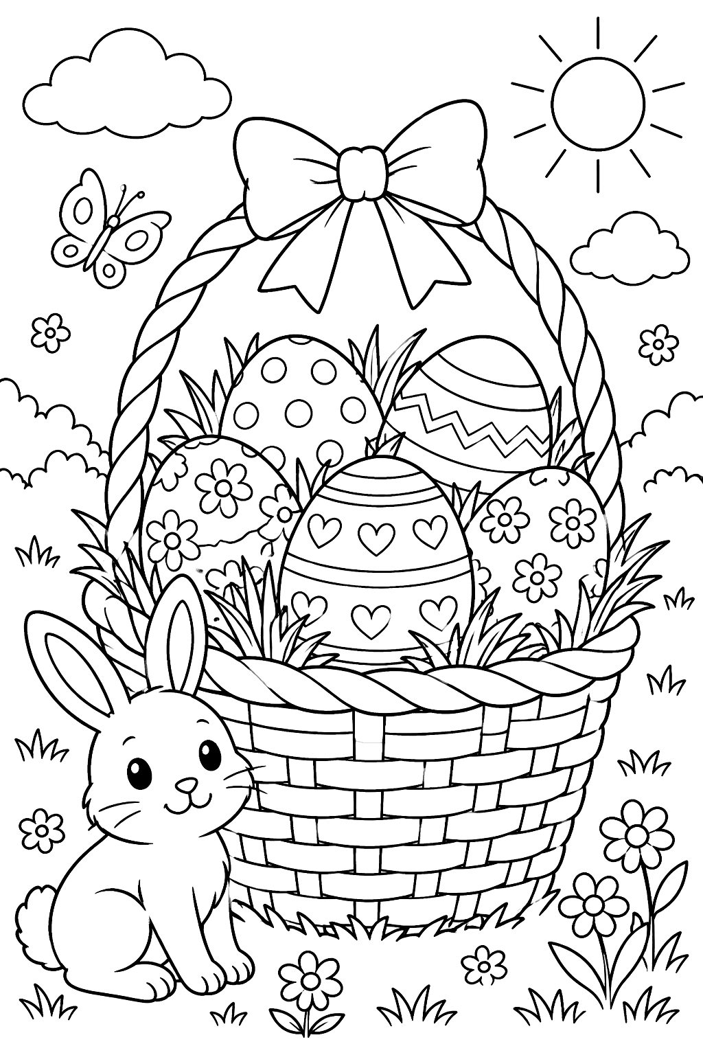Woven easter basket full of patterned eggs and grass coloring page