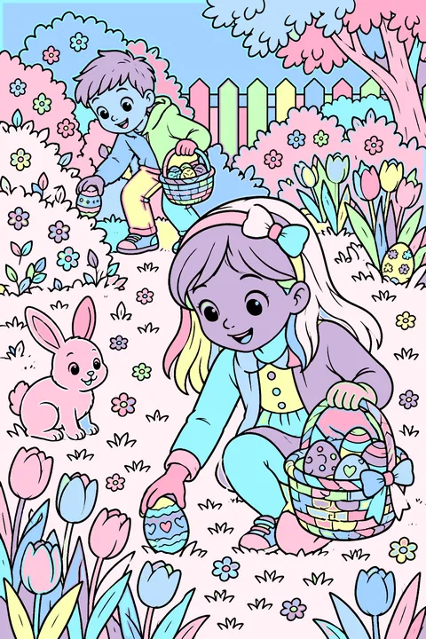 Kids hunting for easter eggs in a garden with tulips and bushes coloring page