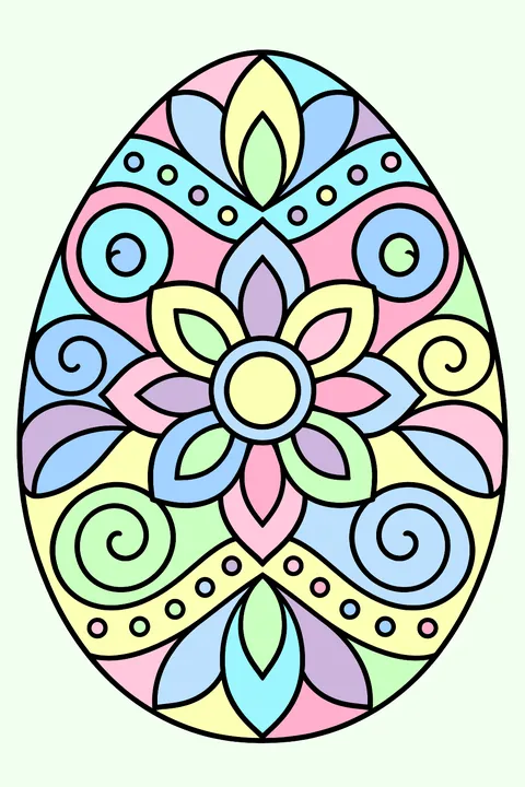 Easter egg filled with mandala petals, swirls and dotted patterns coloring page