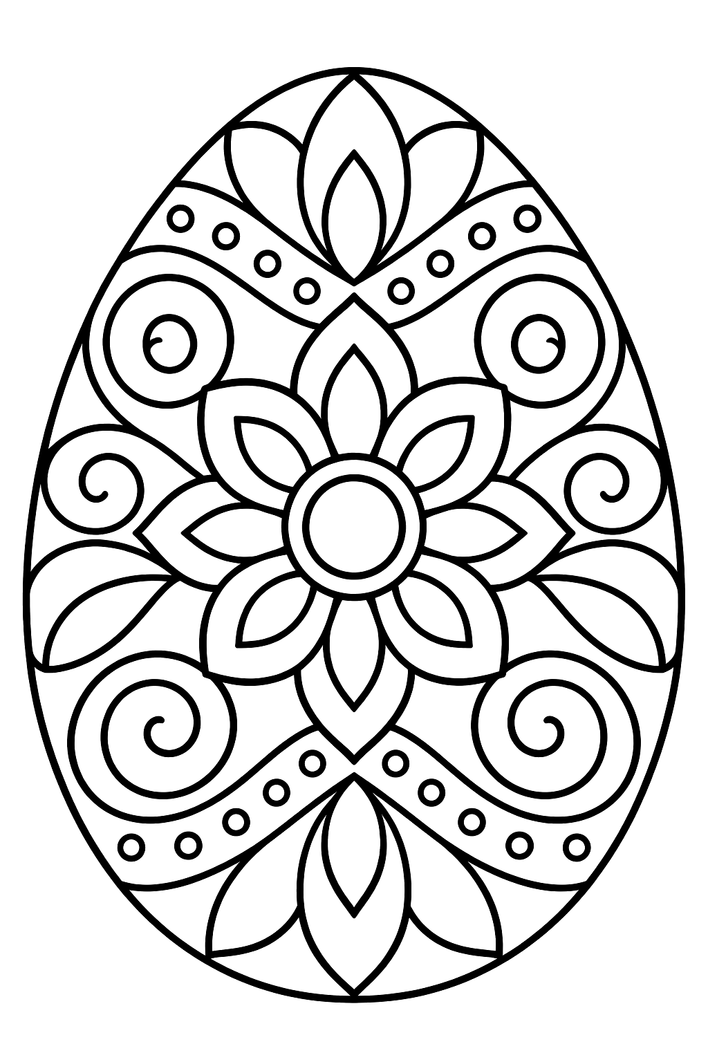 Easter egg filled with mandala petals, swirls and dotted patterns coloring page