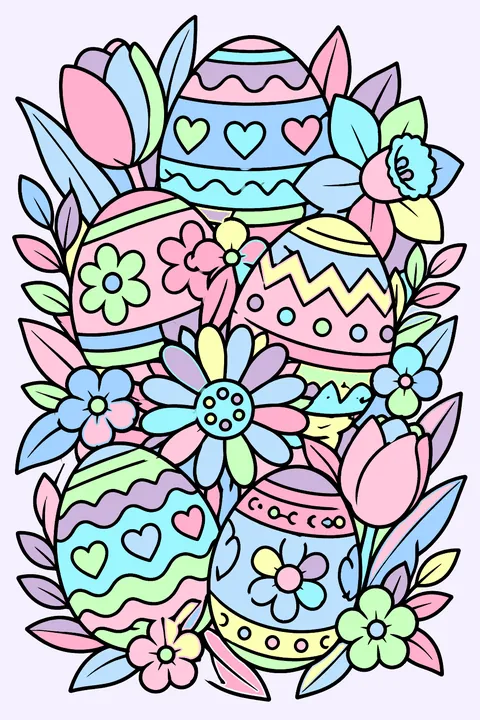 Intricate pattern of overlapping easter eggs, flowers and spring leaves coloring page
