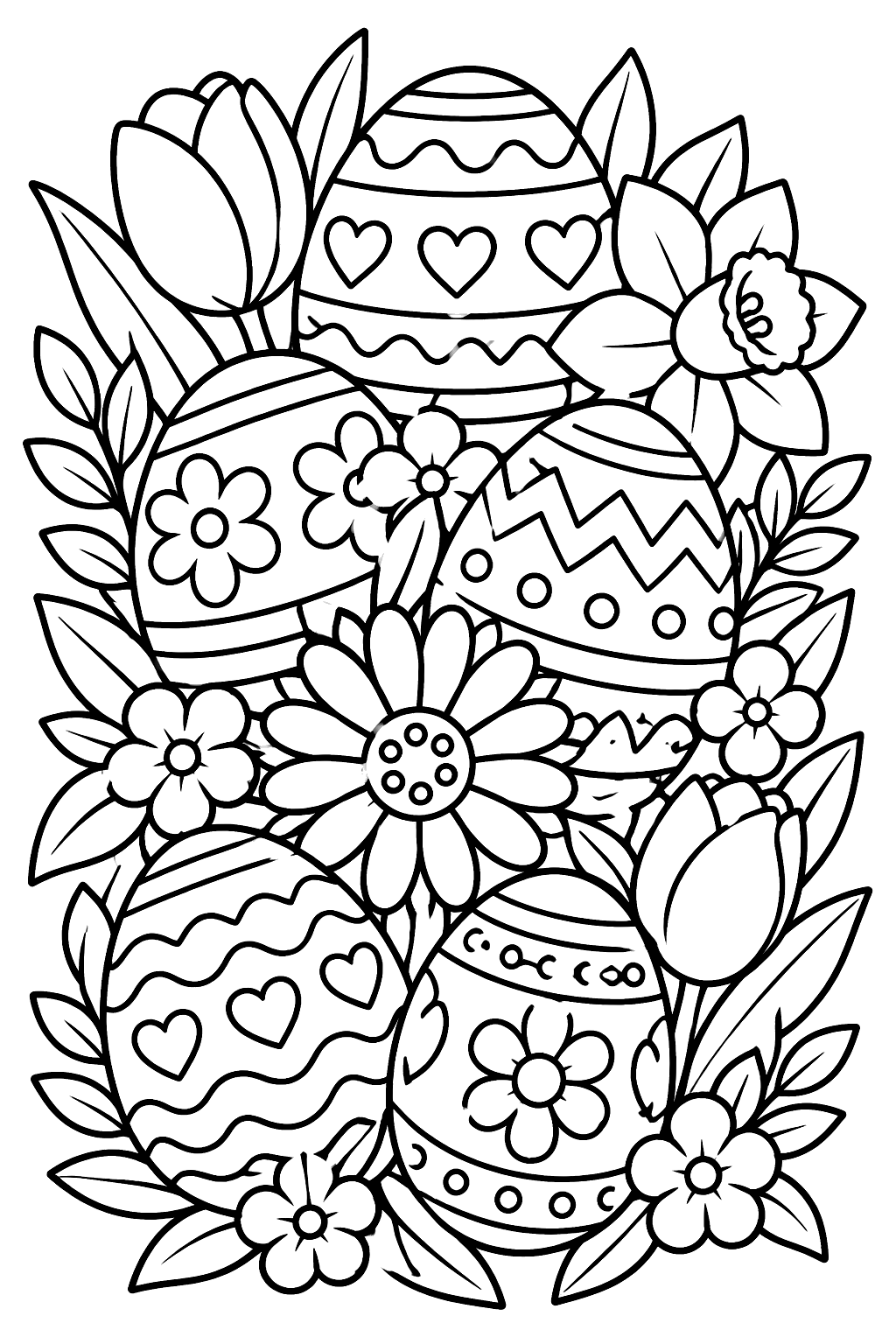 Intricate pattern of overlapping easter eggs, flowers and spring leaves coloring page