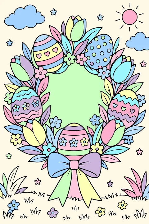 Spring wreath of easter eggs, tulips and leaves coloring page