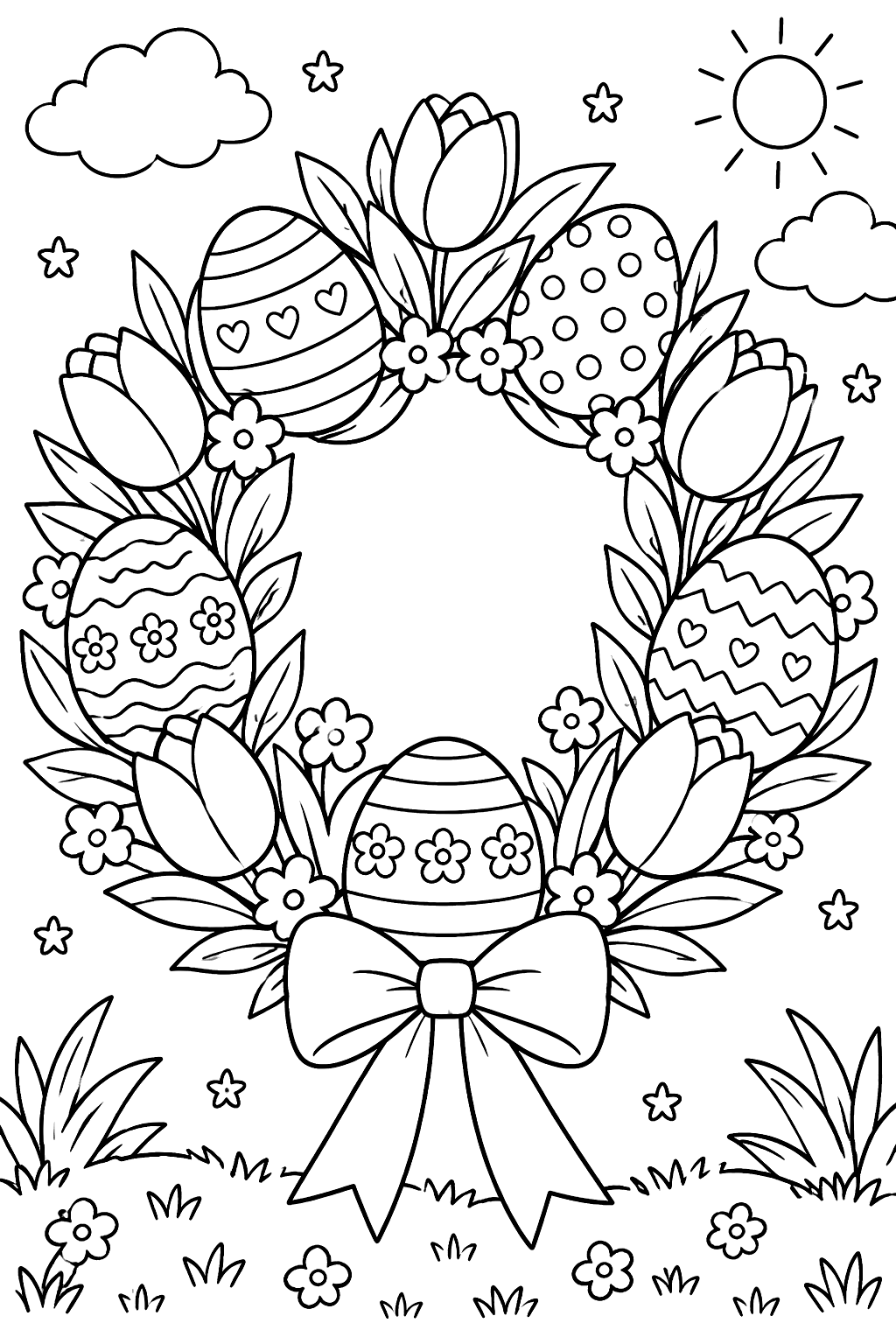 Spring wreath of easter eggs, tulips and leaves coloring page