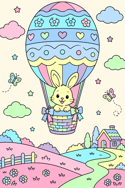Easter egg hot air balloon carrying a bunny over the hills coloring page