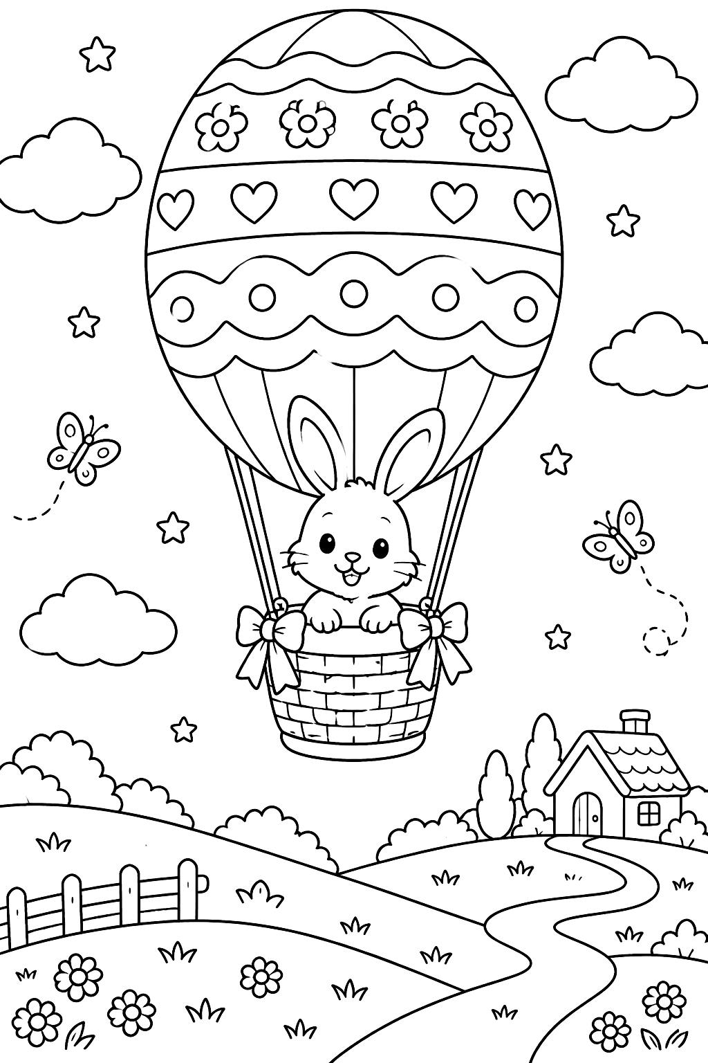 Easter egg hot air balloon carrying a bunny over the hills coloring page