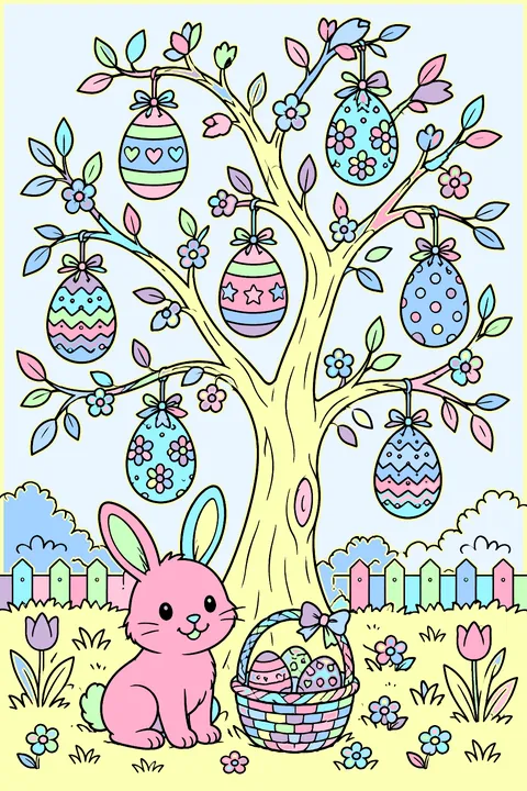 Easter egg tree with decorated eggs hanging from spring branches coloring page
