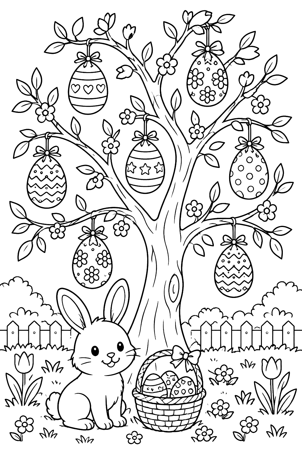 Easter egg tree with decorated eggs hanging from spring branches coloring page