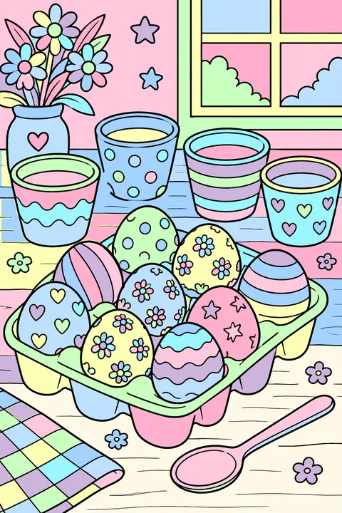 Egg carton with dyed eggs next to cups of dye and a spoon coloring page