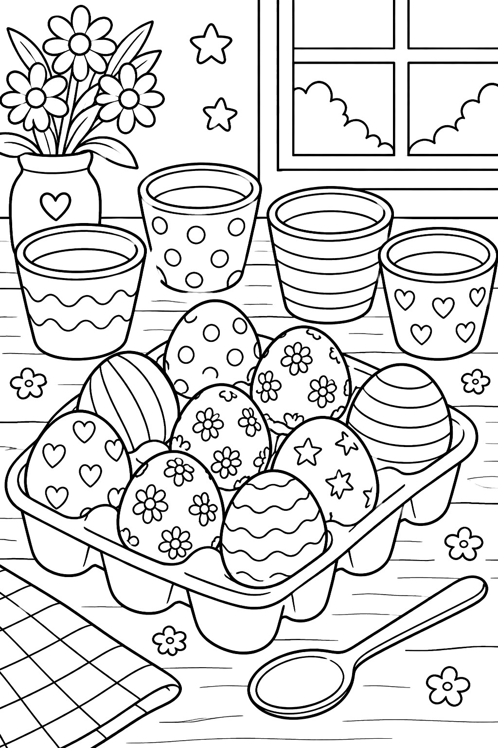 Egg carton with dyed eggs next to cups of dye and a spoon coloring page
