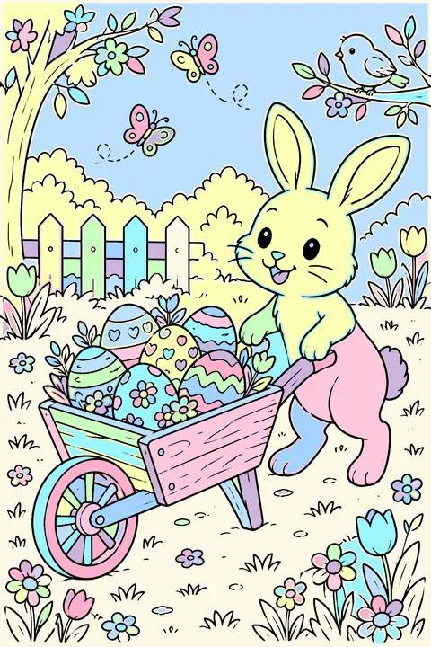 Wooden wheelbarrow carrying painted eggs through a spring garden coloring page