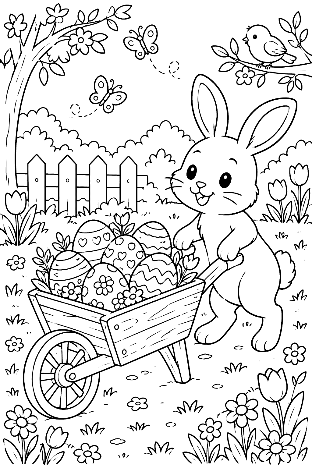 Wooden wheelbarrow carrying painted eggs through a spring garden coloring page