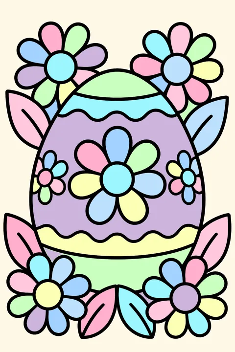 Easter egg decorated with big daisies and leaves around it coloring page